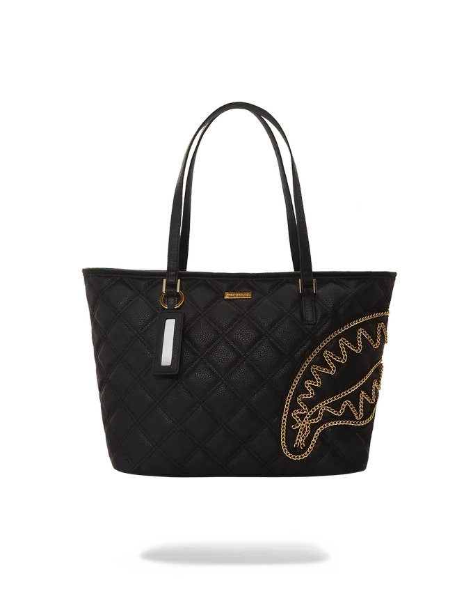 BOLSO TOTE NOIR QUILT CON CADENA DORADA Y ESTAMPADO DE TIBURÓN