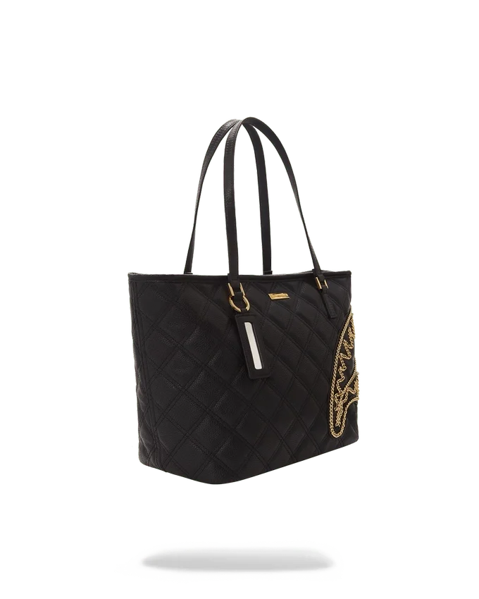BOLSO TOTE NOIR QUILT CON CADENA DORADA Y ESTAMPADO DE TIBURÓN