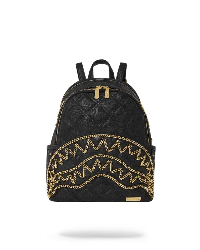 MOCHILA NOIR QUILT CON CADENA DORADA Y MOTIVO DE TIBURÓN SALVAJE
