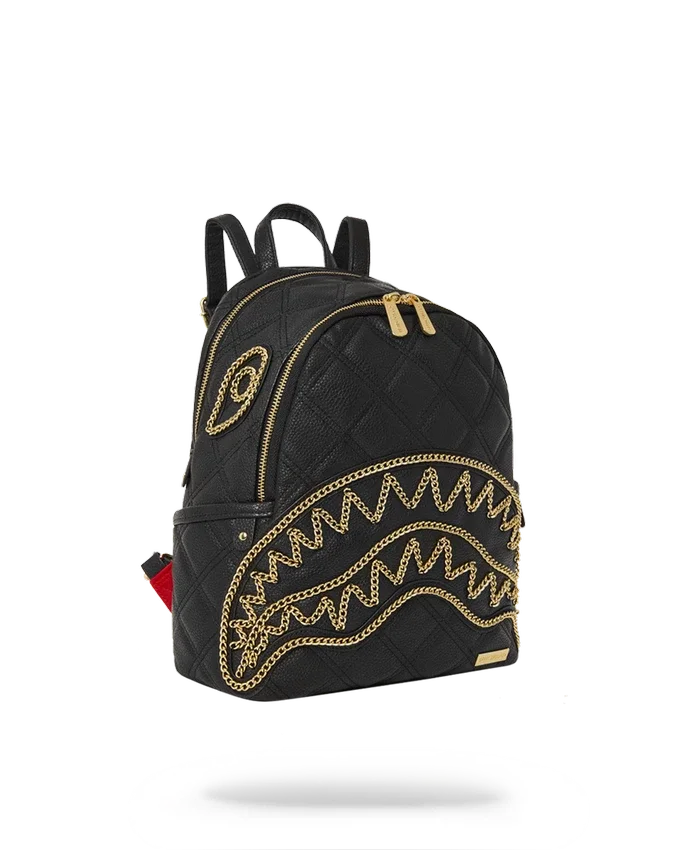 MOCHILA NOIR QUILT CON CADENA DORADA Y MOTIVO DE TIBURÓN SALVAJE