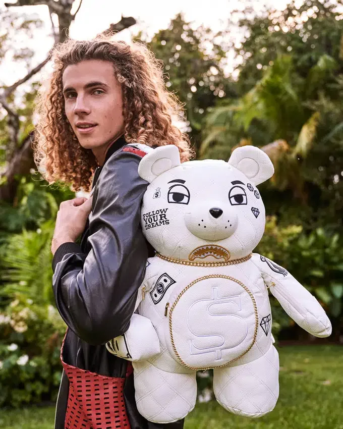 Mochila RIVIERA LE BLANC CON CADENA DORADA Y OSITO DE PELUCHE